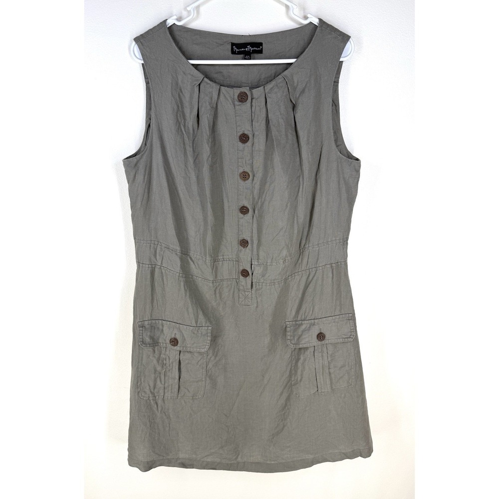Mercer & Madison 100% Linen Short Dress Button Khaki Pockets Pleats Shift 14